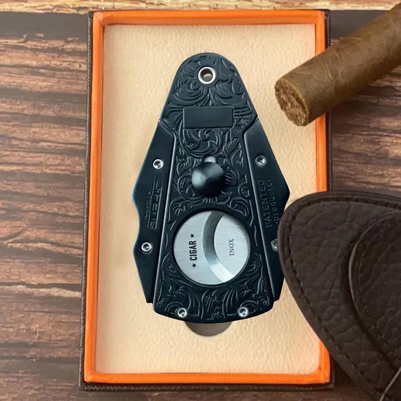 Foxmox Cigar Cutter Guillotine - Heavy Quality Stainless Steel Double Blade Cigar Clipper,Dignified Engraved Pattern with Lock System Cigar Cutters for Men,Cigar Accessories with Gift Box(Black) - Image 2